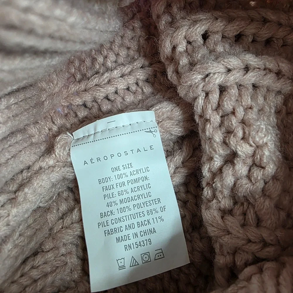 Aeropostale‎ Beanie Toque Womens One Size Pink Knit Acrylic Blend Faux Fur Pom